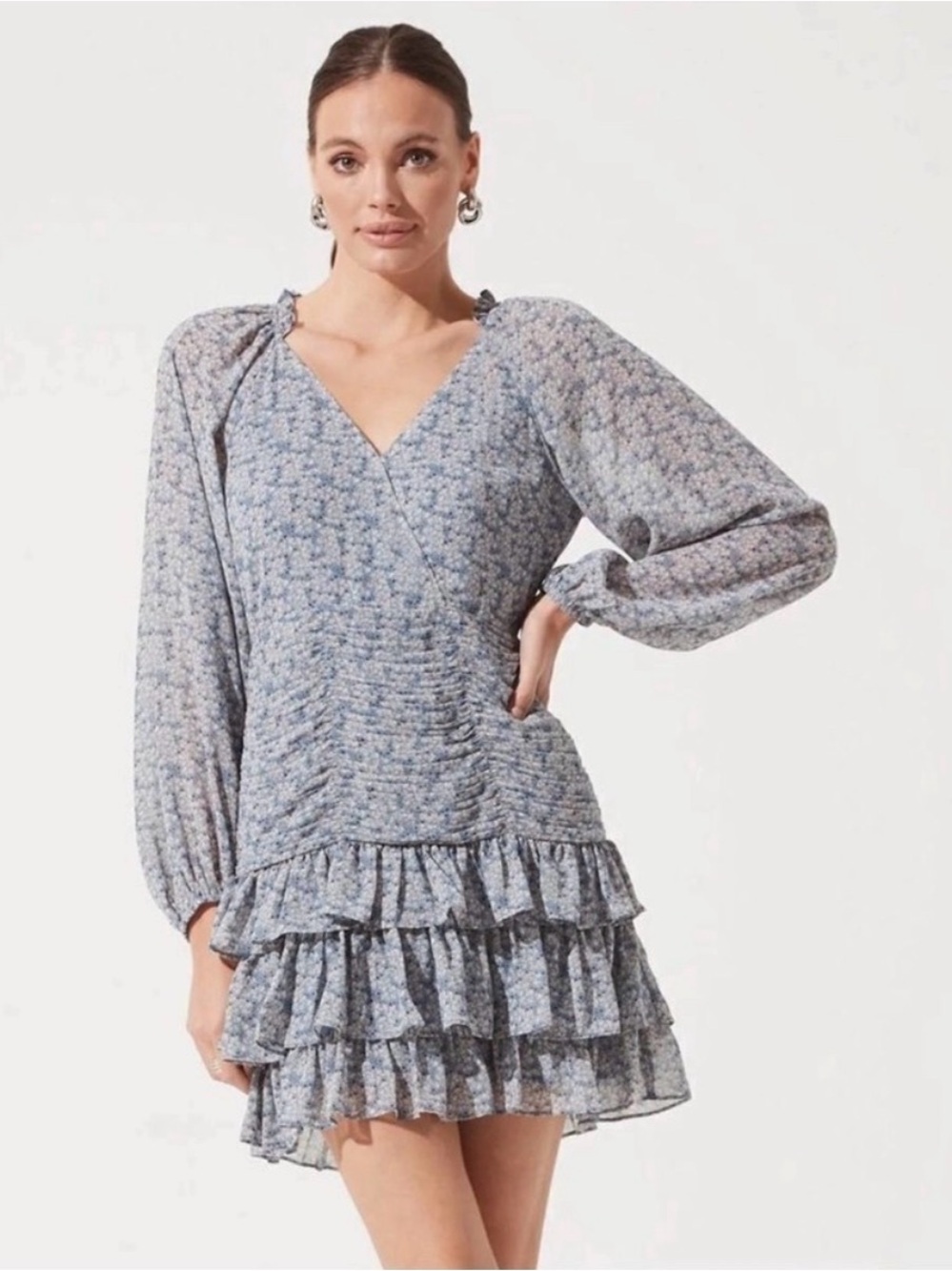 ASTR The Label Blue Floral Ruched Ruffle Mini Dress XS